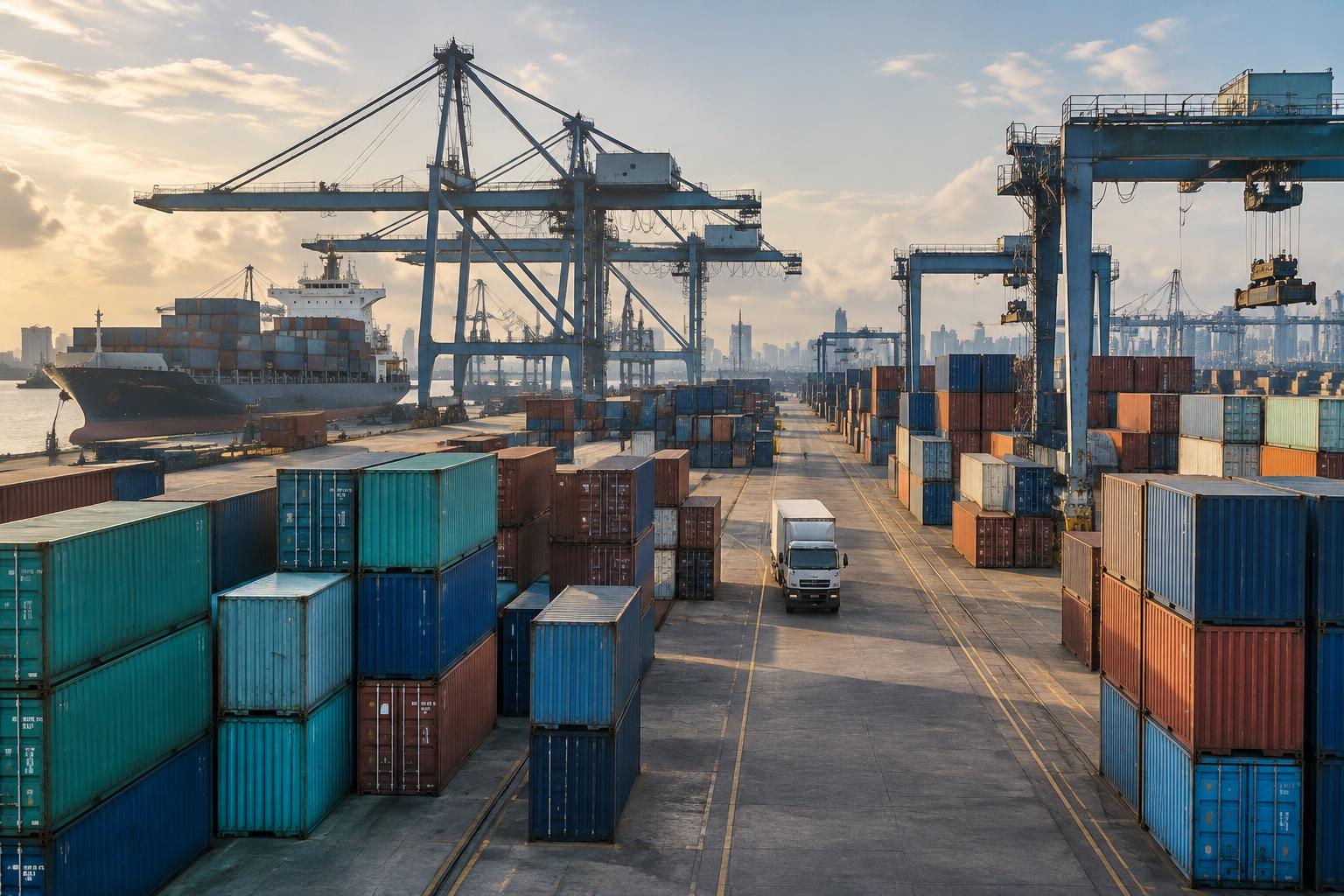 Illustrative shipping terminal with containers and port cranes