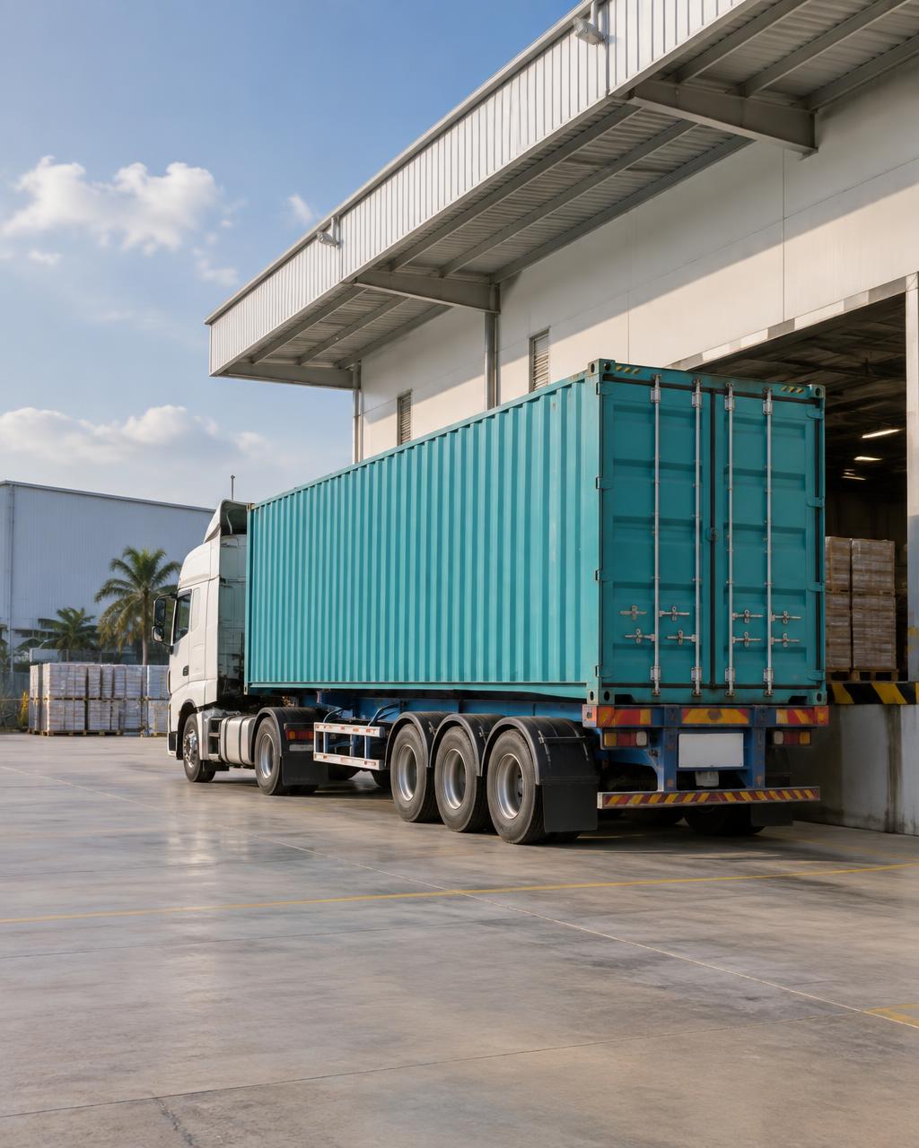 Illustrative container truck at a warehouse loading dock